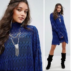 🎉Free People black dress blue lace bell sleeves